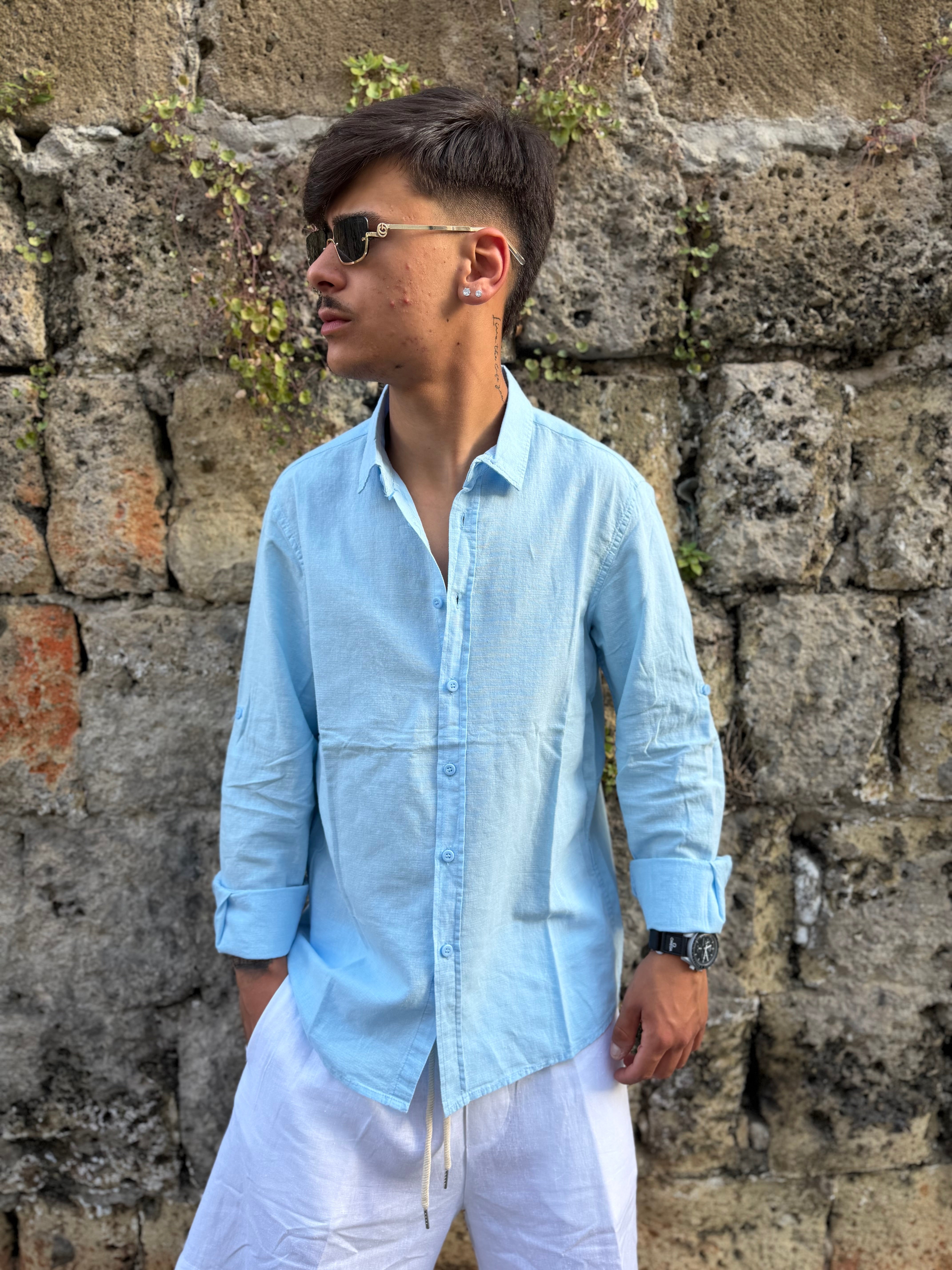 CAMICIA IN LINO CELESTE