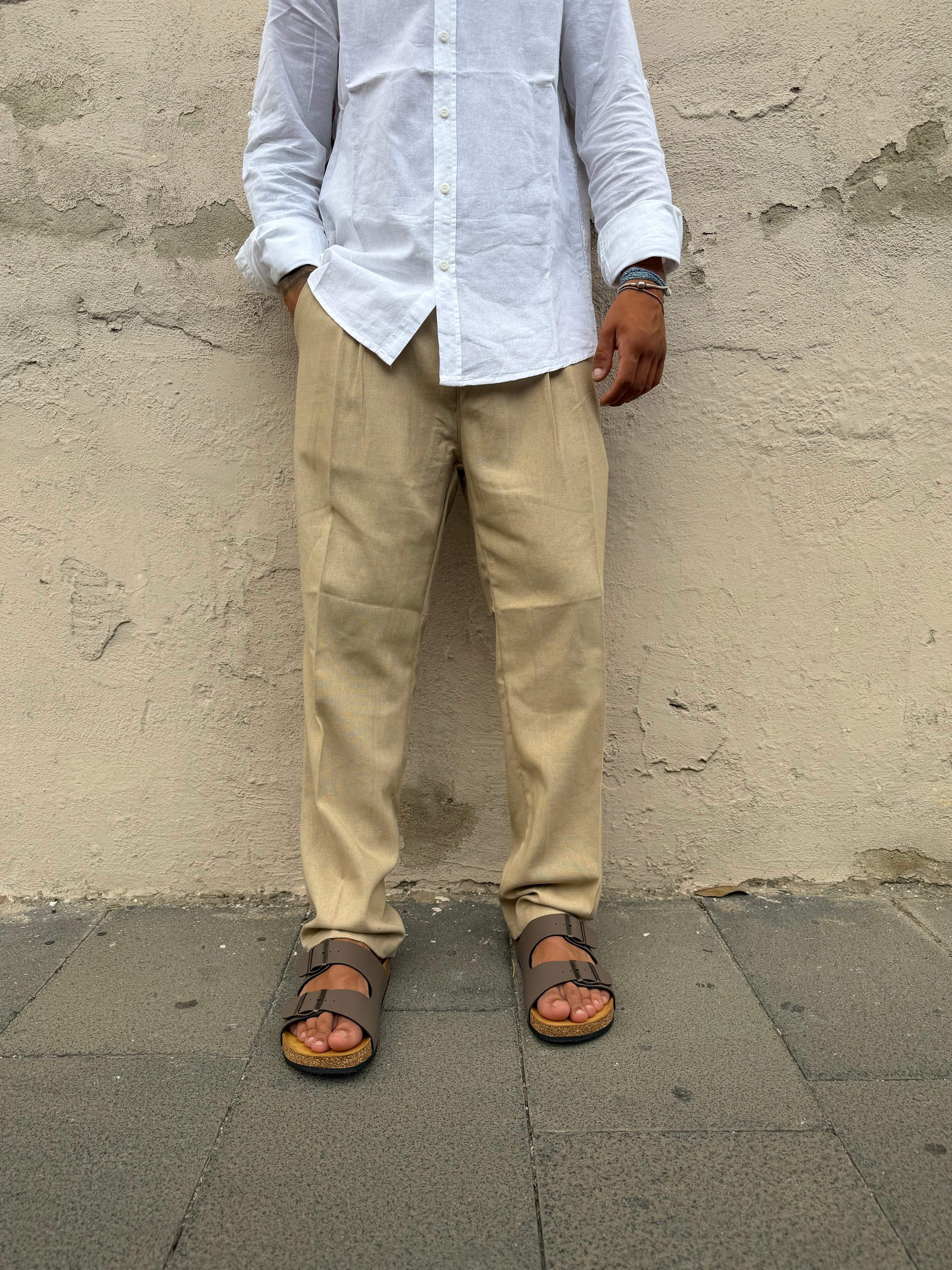 Pantalone Fondo Ampio In Lino Beige MS74