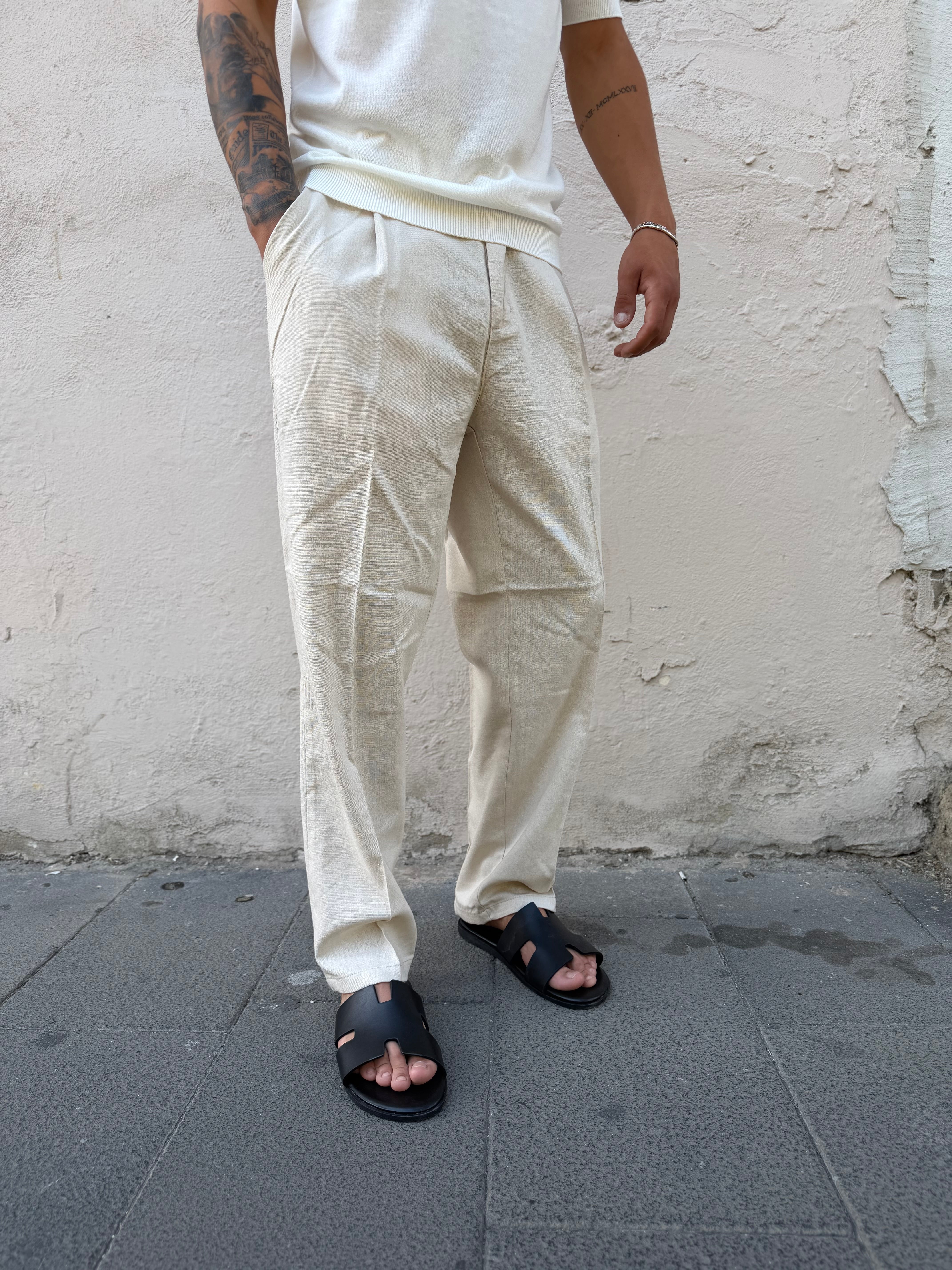 Pantalone Fondo Ampio In Lino Beige MS74
