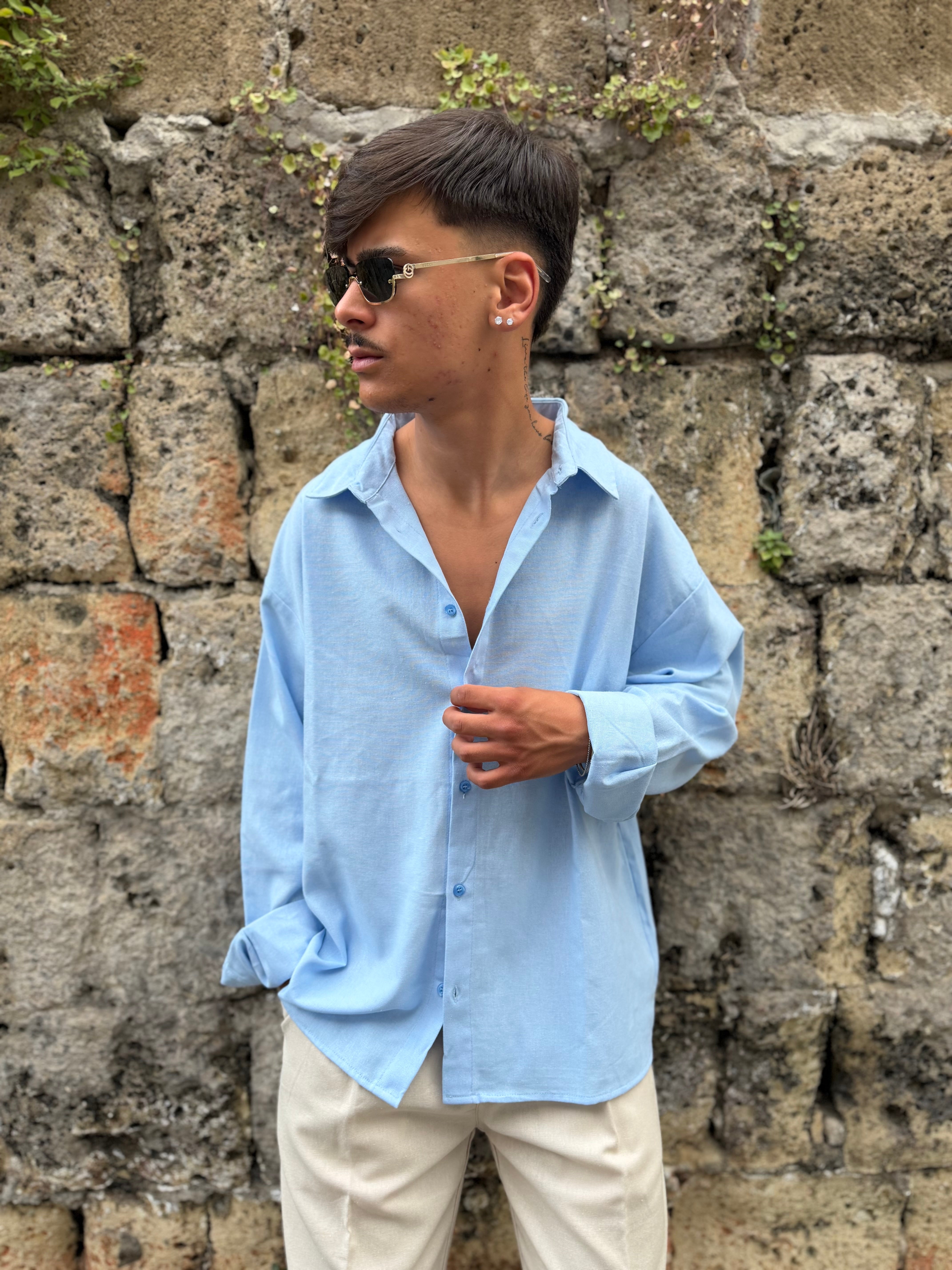 CAMICIA MISTO LINO CELESTE "ARCHIIVE"