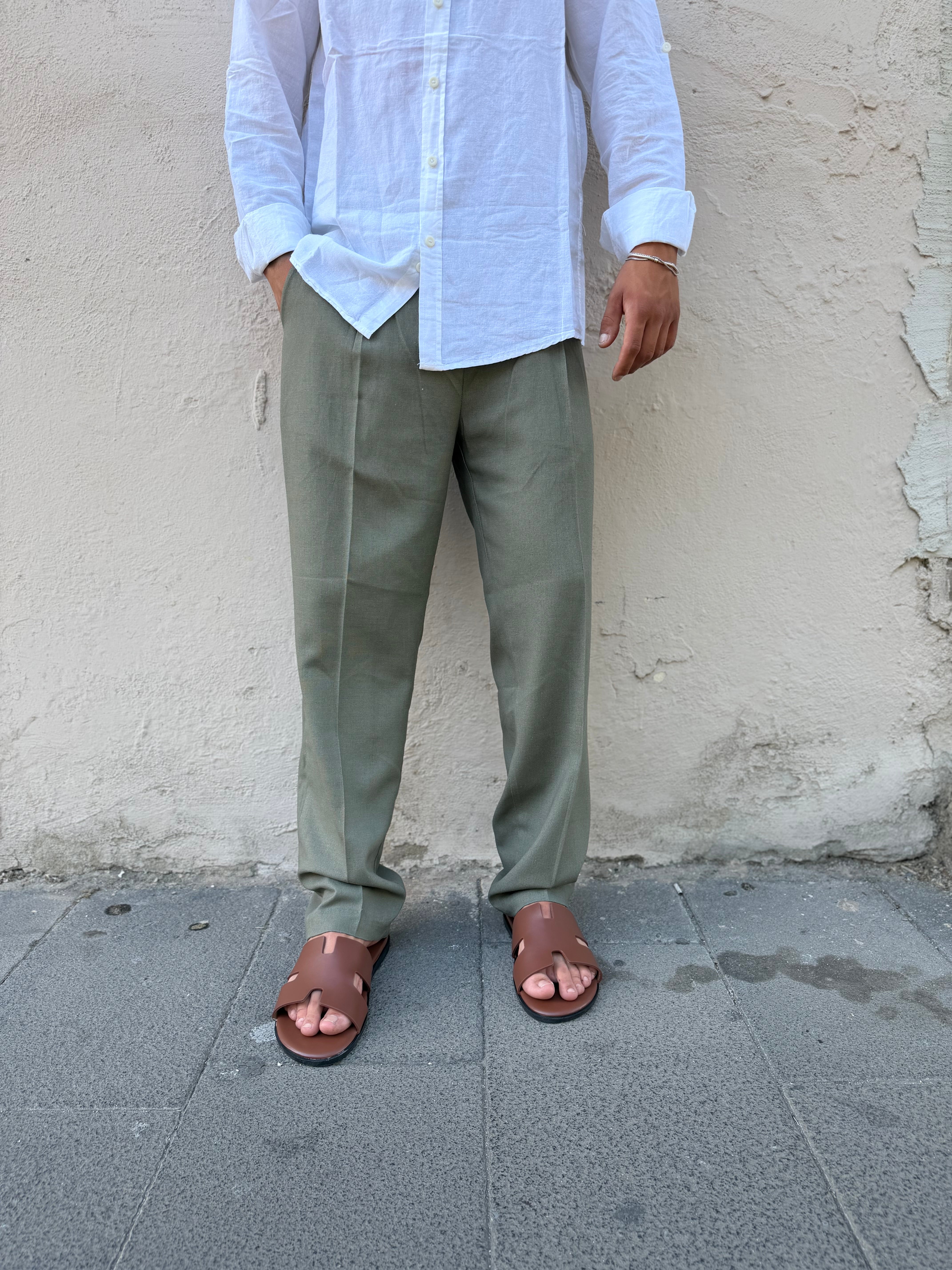 Pantalone Fondo Ampio In Lino Verde MS74