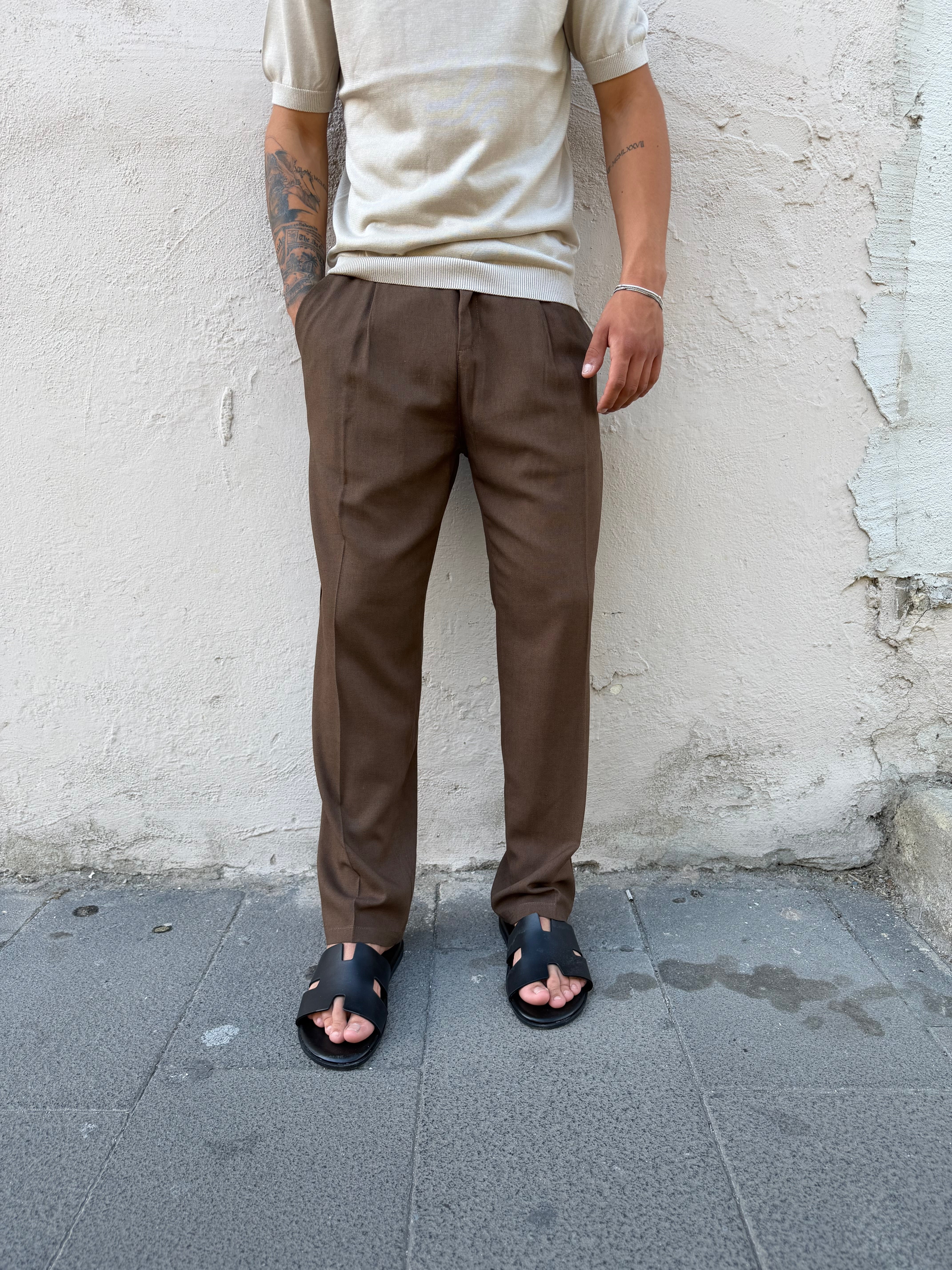 Pantalone Fondo Ampio In Lino Moro MS74