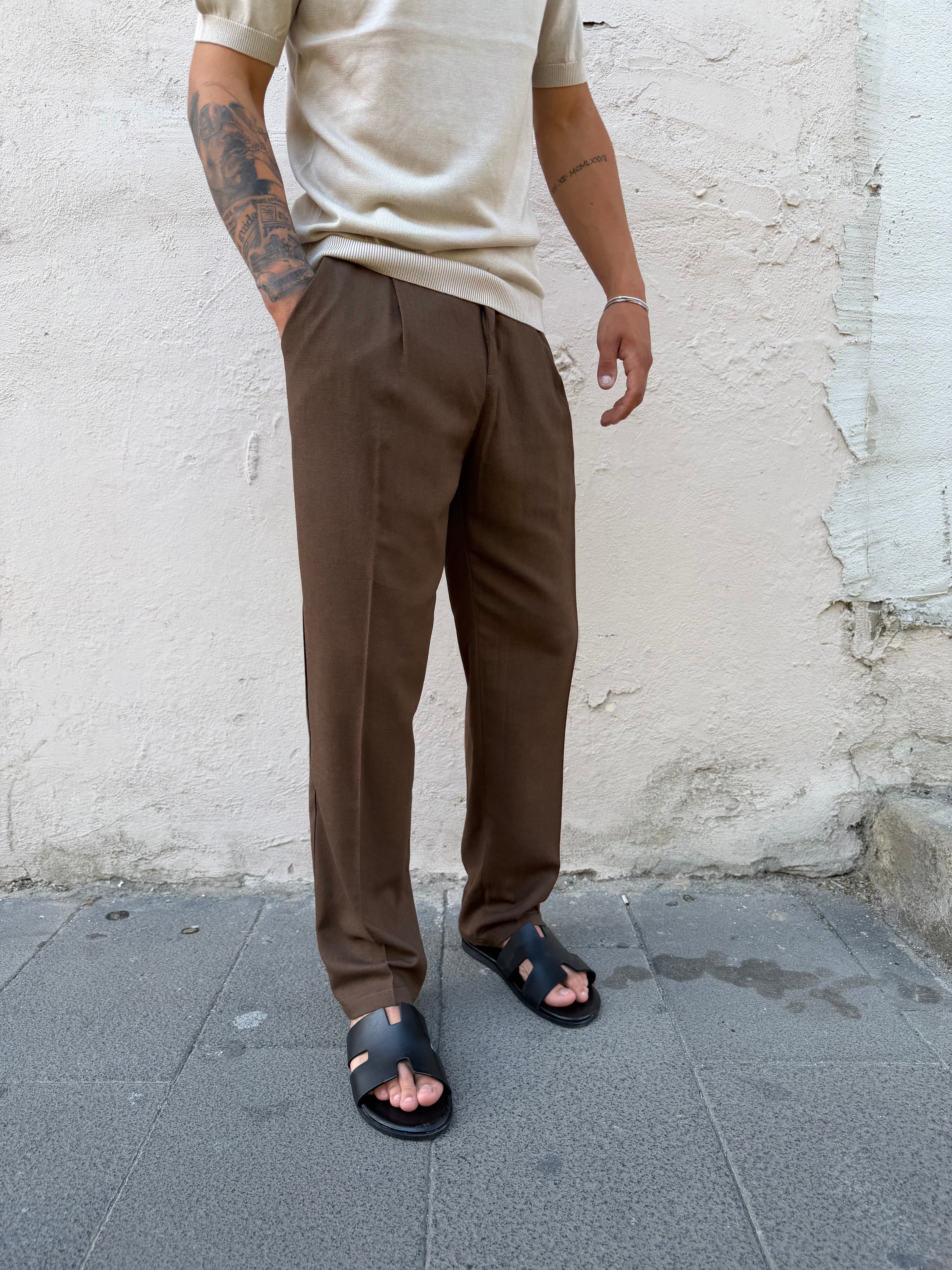 Pantalone Fondo Ampio In Lino Moro MS74