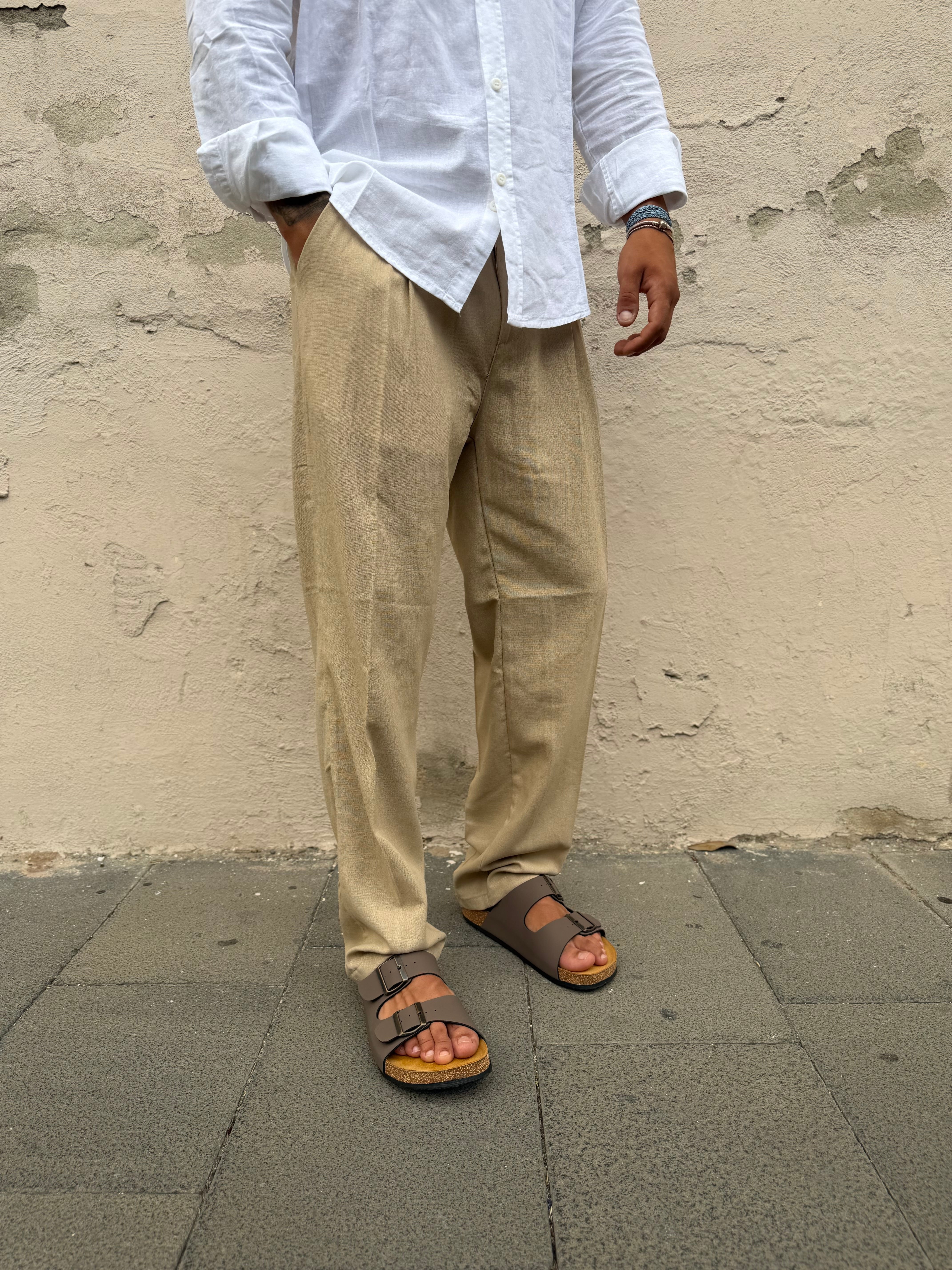 Pantalone Fondo Ampio In Lino Beige MS74