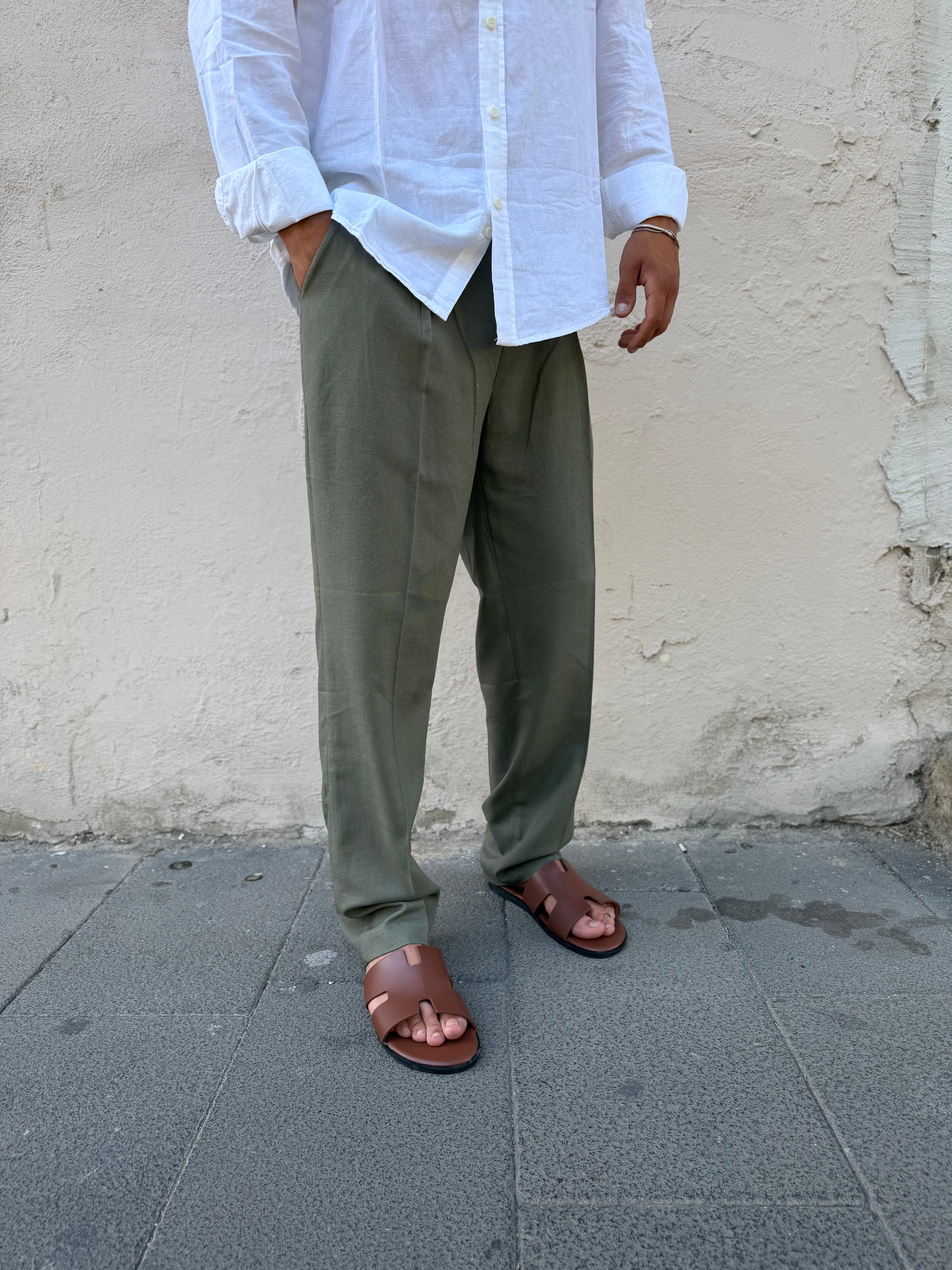Pantalone Fondo Ampio In Lino Verde MS74