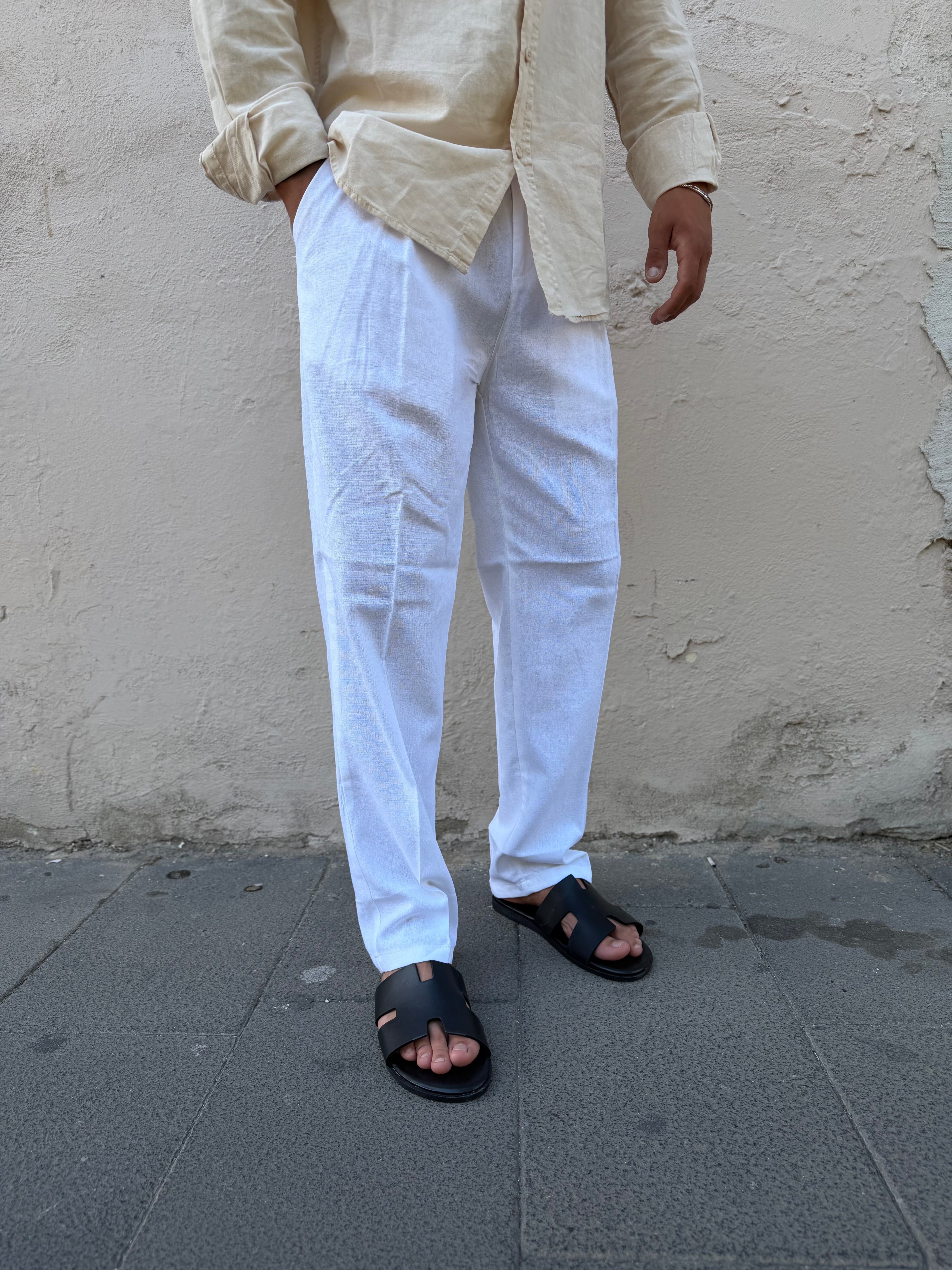 Pantalone Fondo Ampio In Lino Bianco MS74