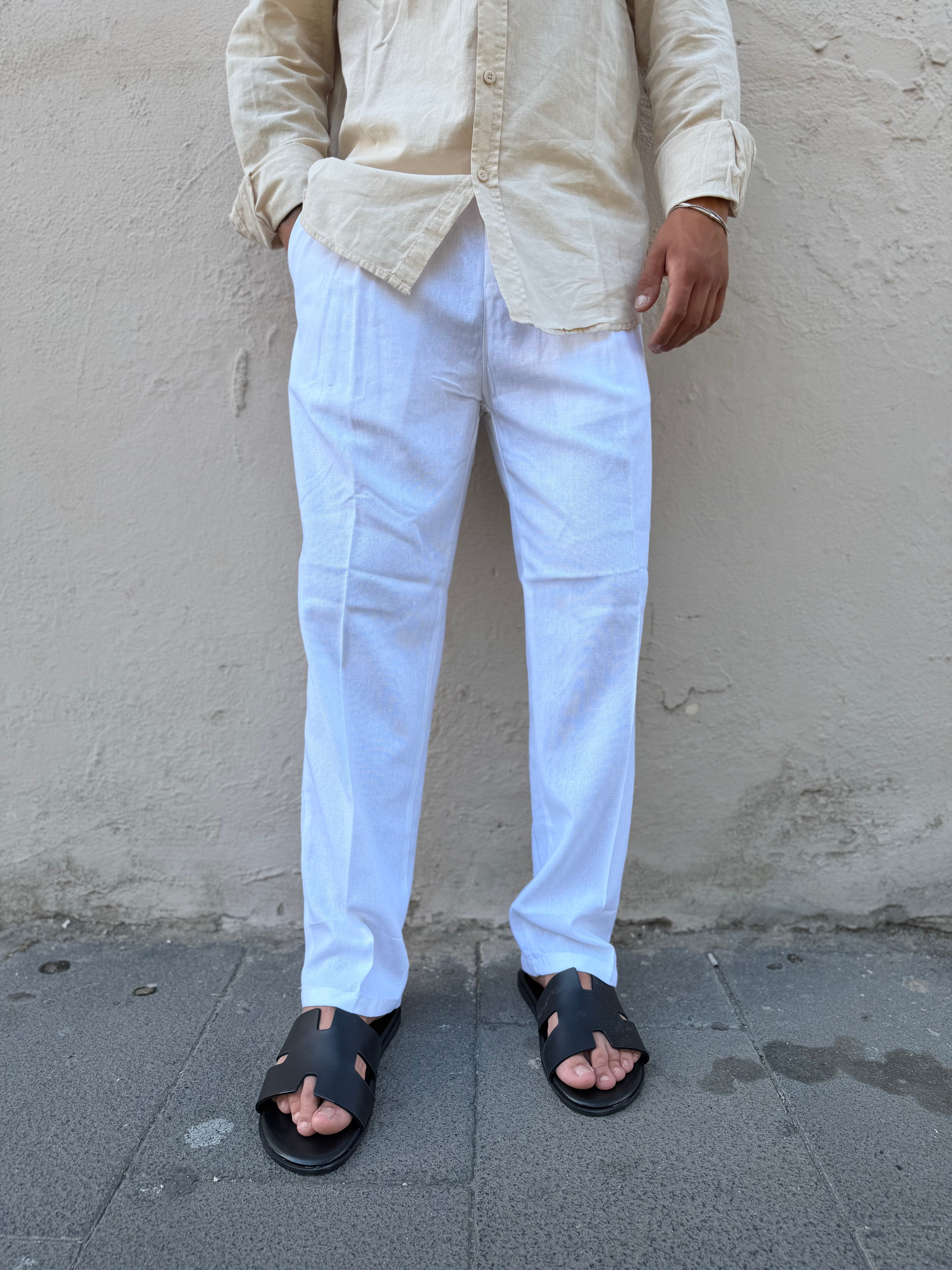 Pantalone Fondo Ampio In Lino Bianco MS74
