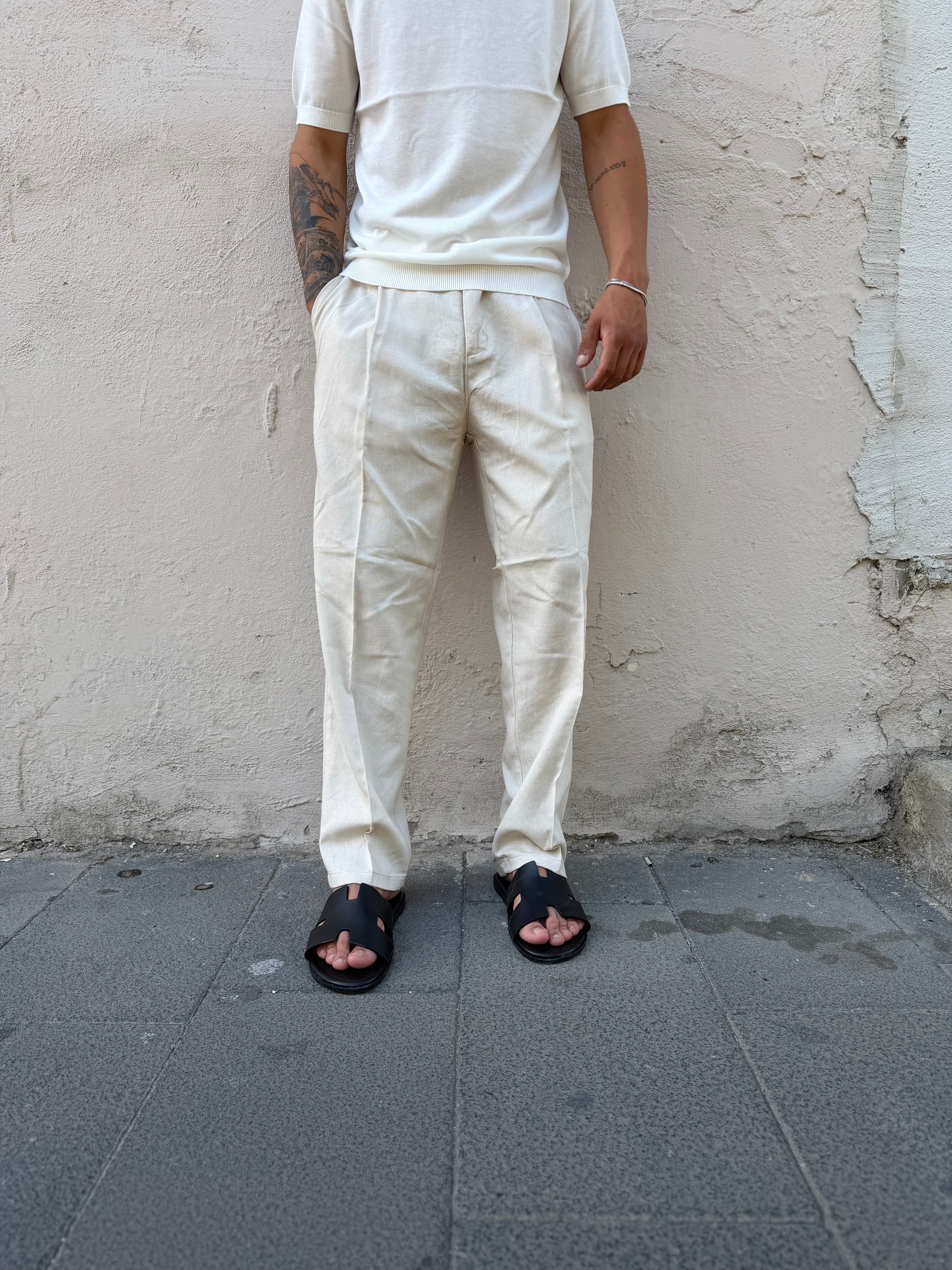 Pantalone Fondo Ampio In Lino Beige MS74